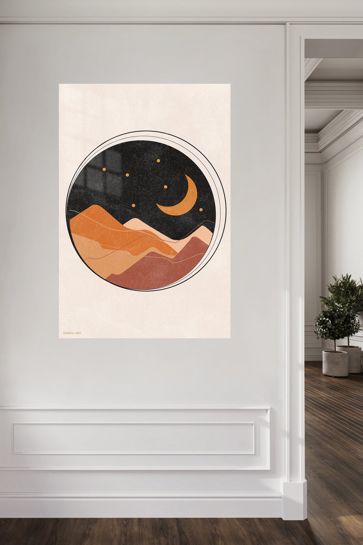 Crescent Moon Desert Layers metal wall art displayed in a contemporary living space