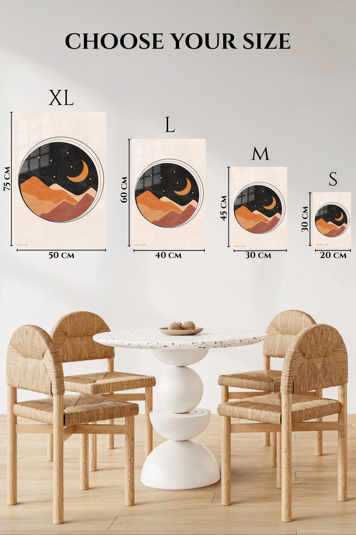 EMESA metal wall art size comparison guide for Crescent Moon Desert Layers