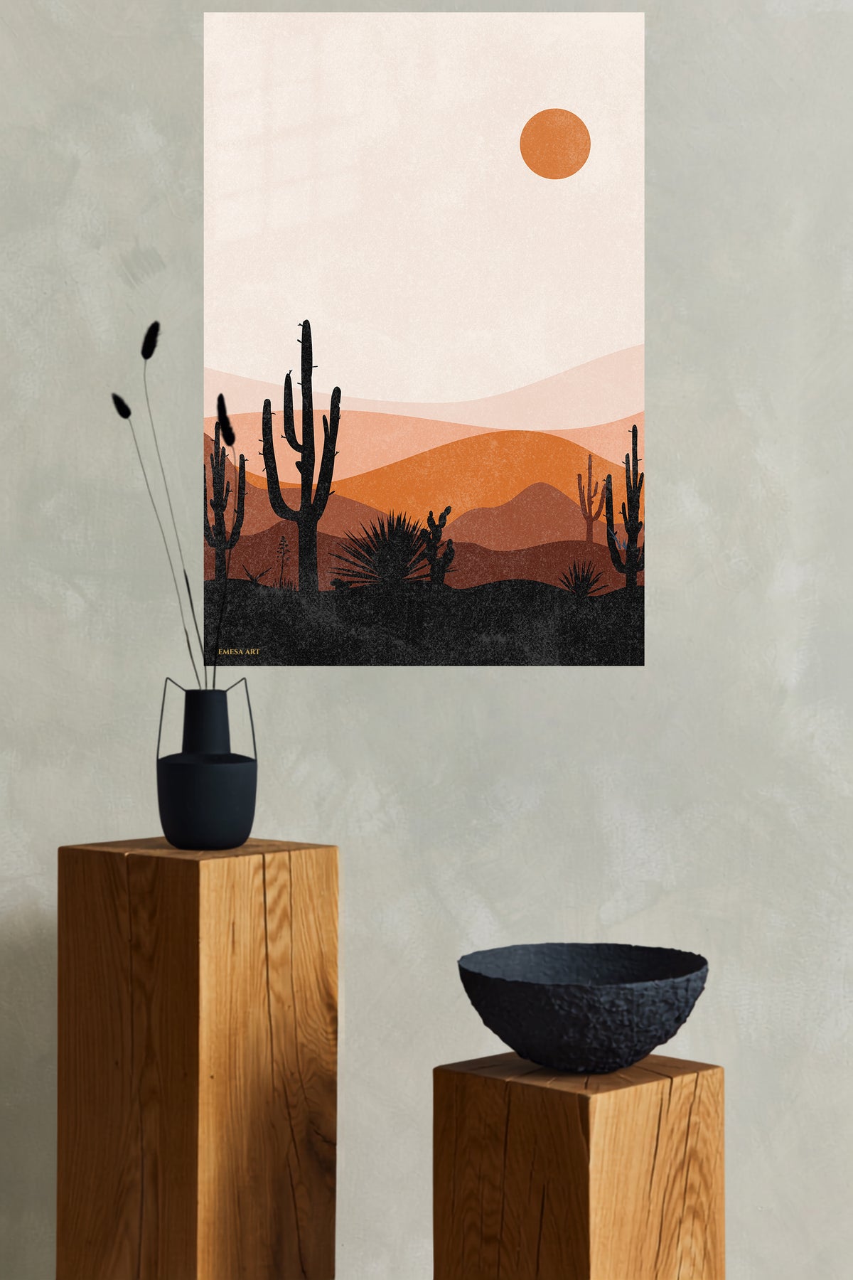Terracotta Desert Cactus Sunset metal wall art displayed in a modern interior