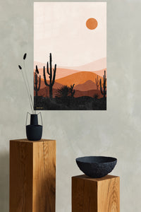 Terracotta Desert Cactus Sunset metal wall art displayed in a modern interior