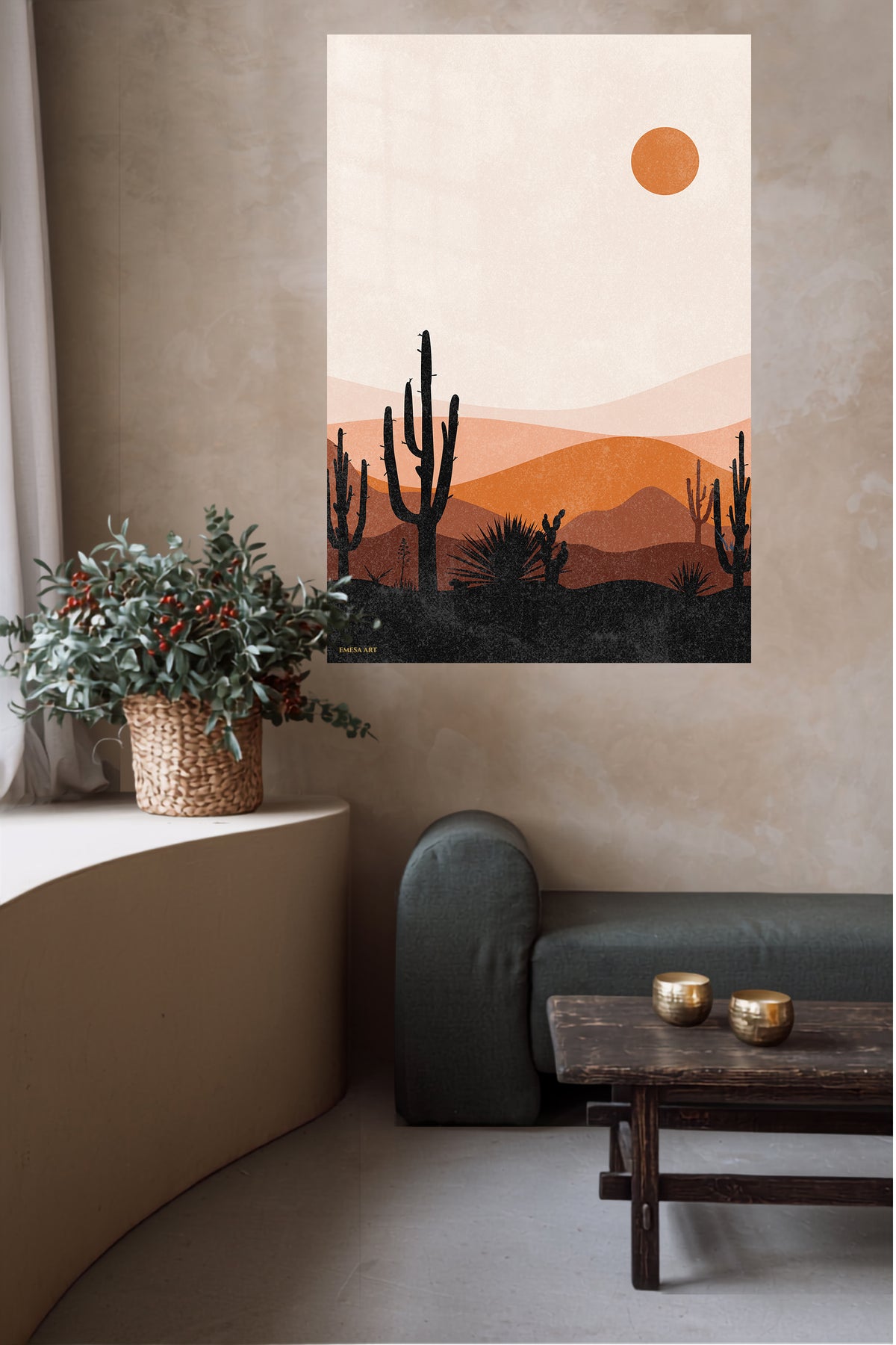 Terracotta Desert Cactus Sunset metal wall art displayed in a contemporary living space
