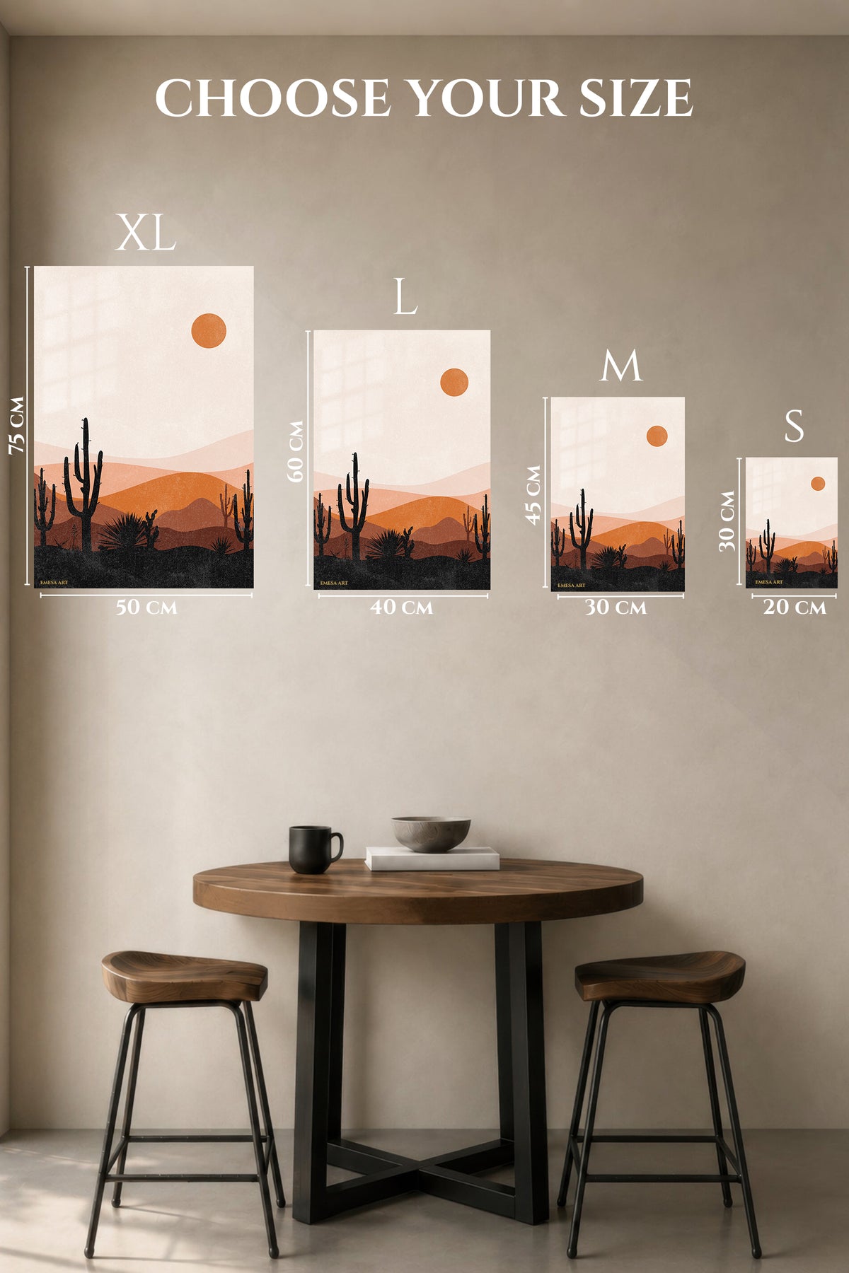 EMESA metal wall art size comparison guide for Terracotta Desert Cactus Sunset