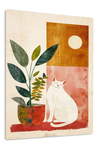 Moonlit Cat and Houseplant premium metal wall art – front view