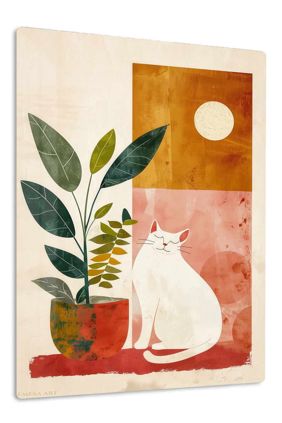 Moonlit Cat and Houseplant premium metal wall art – front view