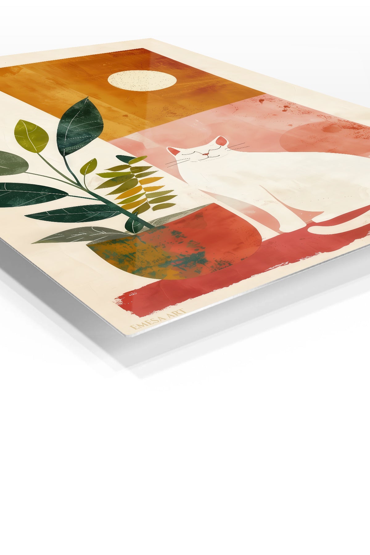 Moonlit Cat and Houseplant premium metal wall art – angled view