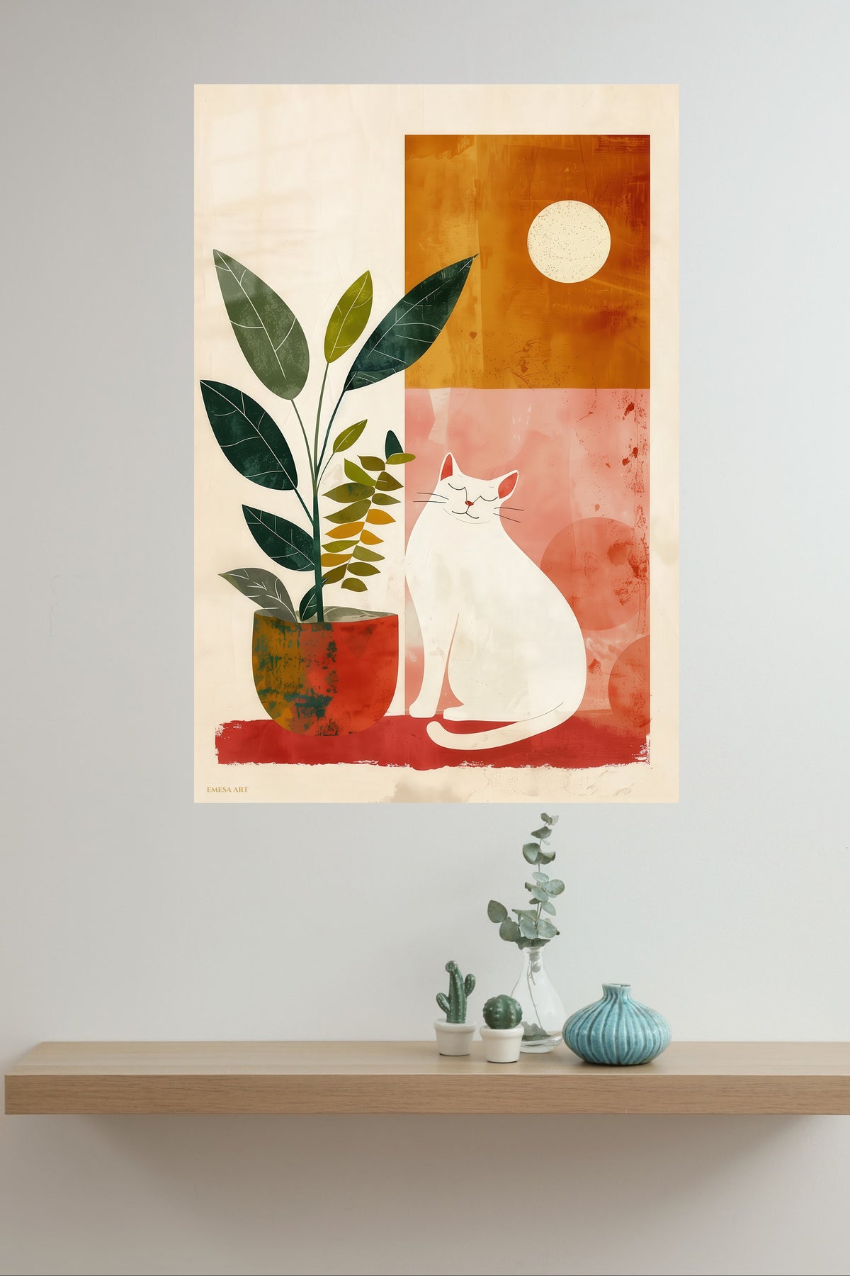 Moonlit Cat and Houseplant metal wall art displayed in a modern interior