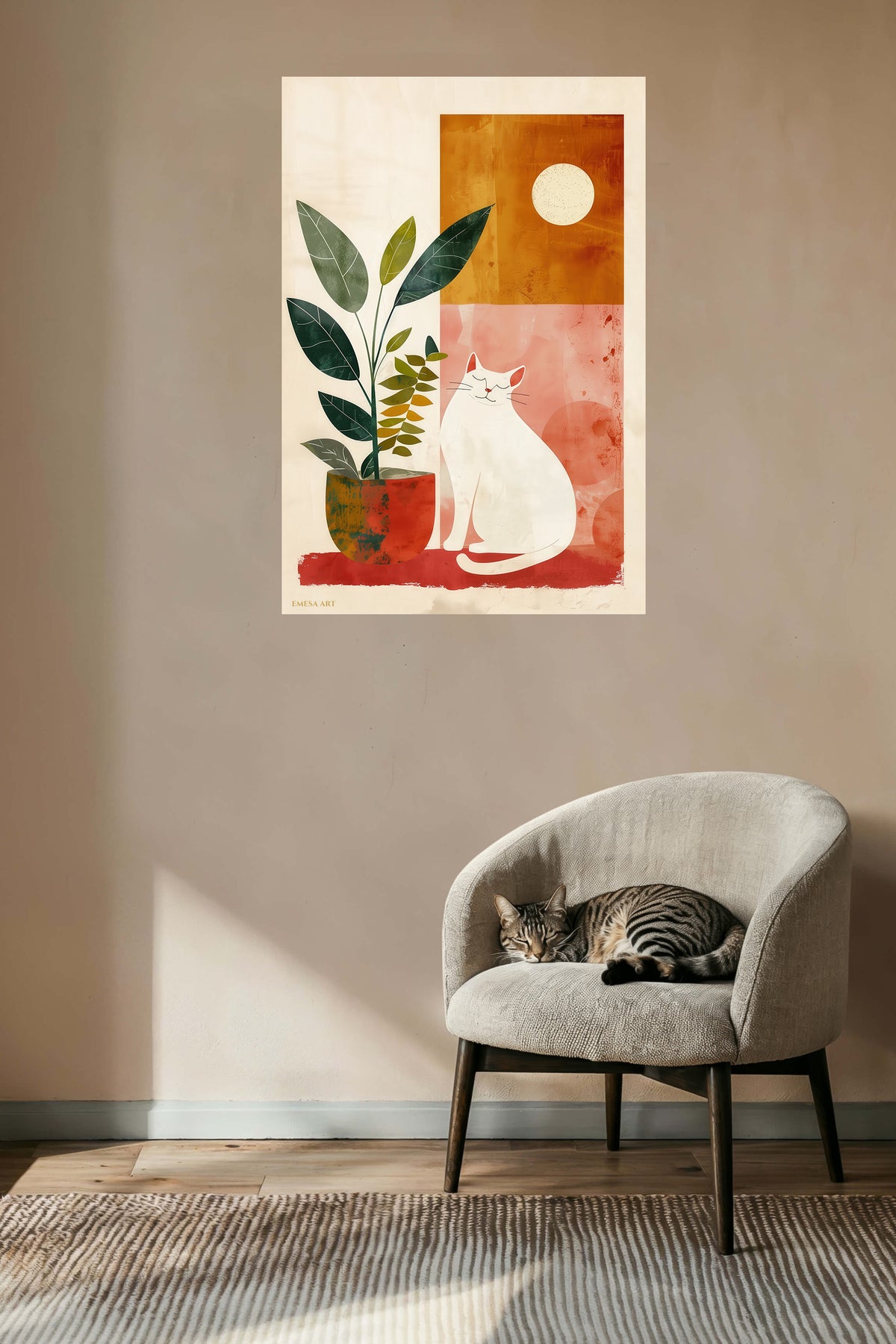 Moonlit Cat and Houseplant metal wall art displayed in a contemporary living space