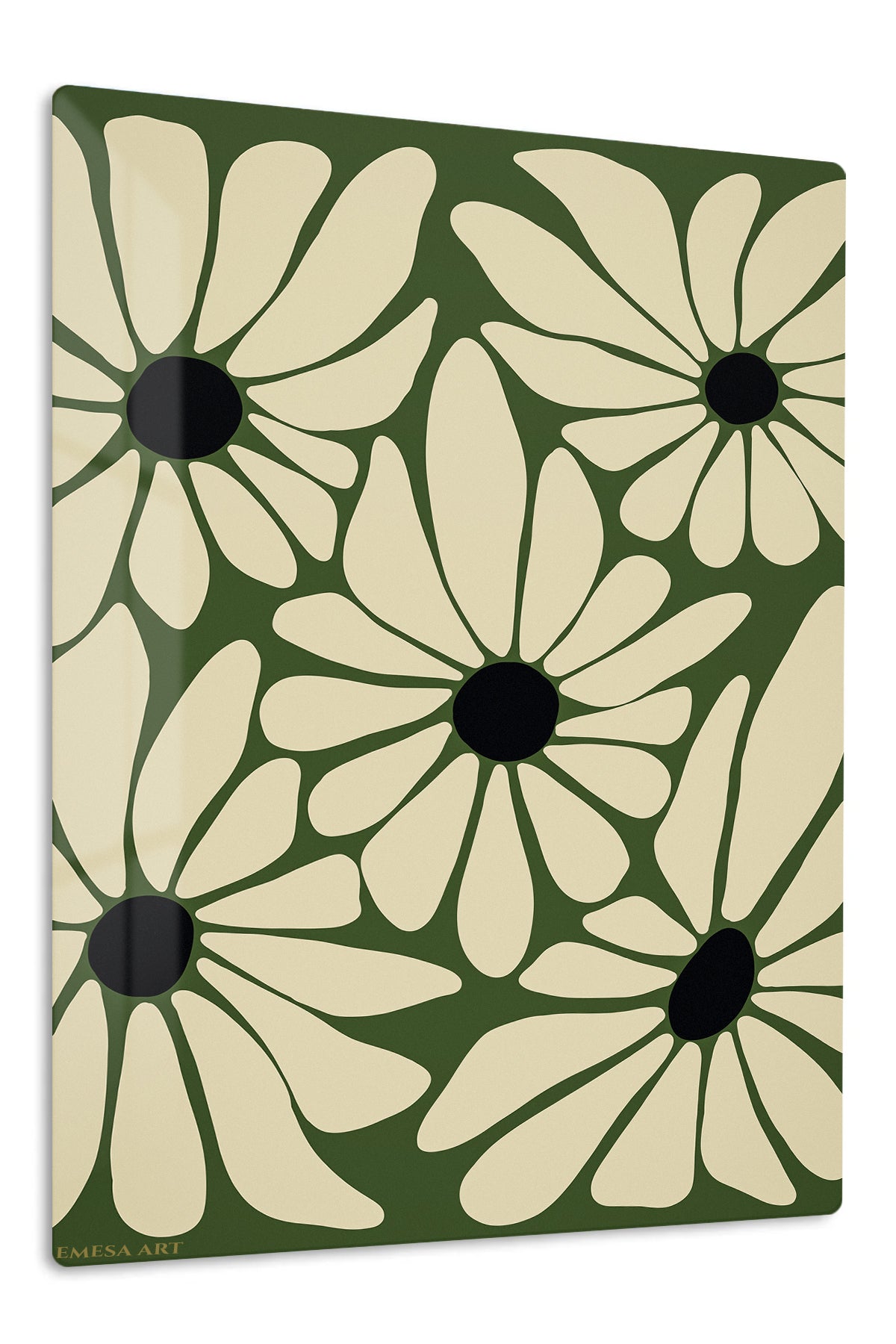 Olive Daisy Bloom Pattern premium metal wall art – front view