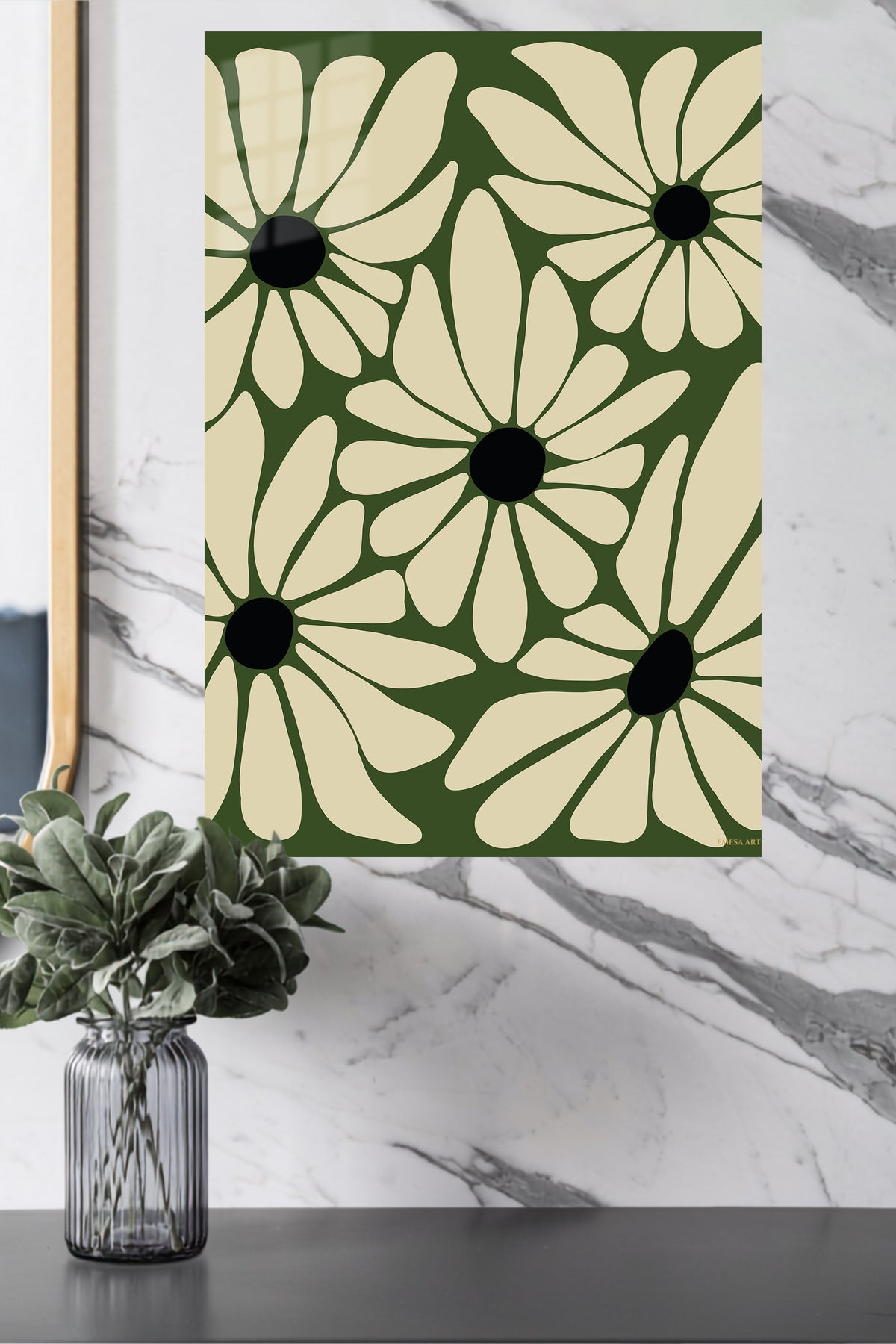 Olive Daisy Bloom Pattern metal wall art displayed in a modern interior