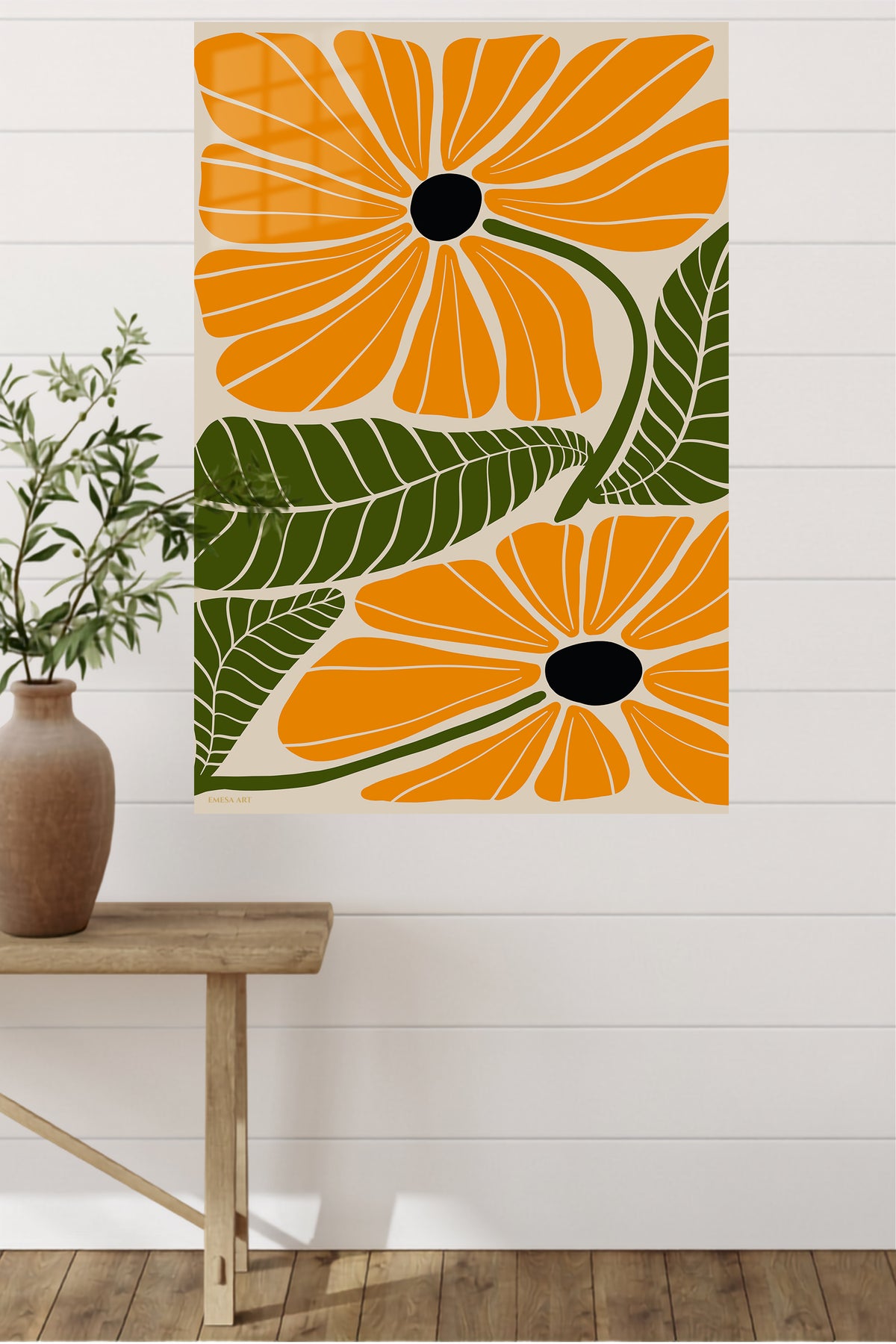 Golden Botanical Bloom metal wall art displayed in a modern interior