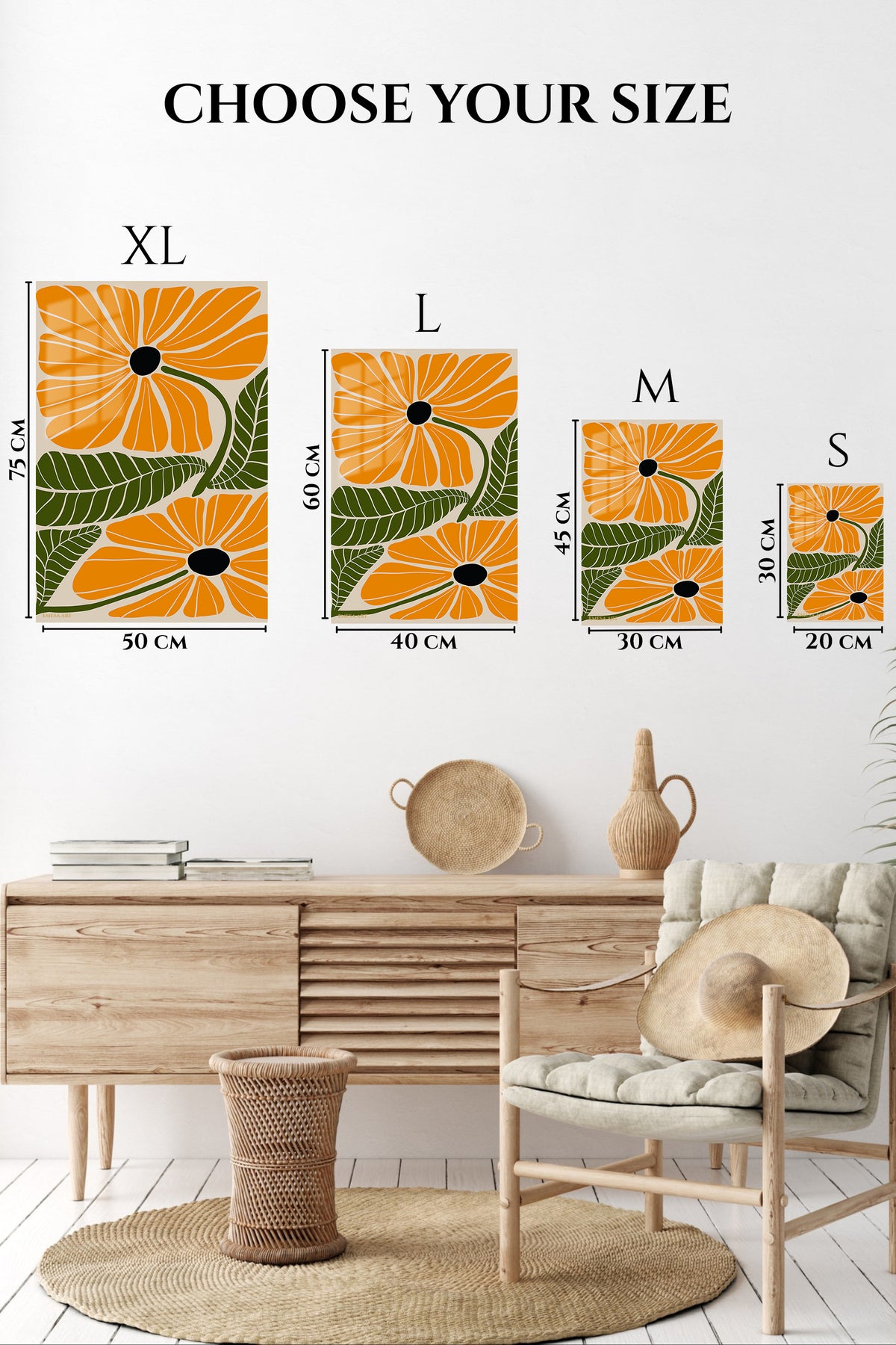EMESA metal wall art size comparison guide for Golden Botanical Bloom