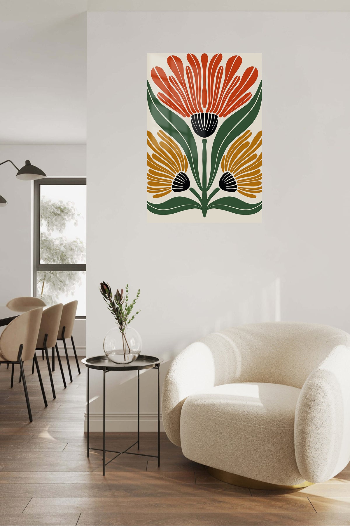 Three Bloom Botanical metal wall art displayed in a contemporary living space