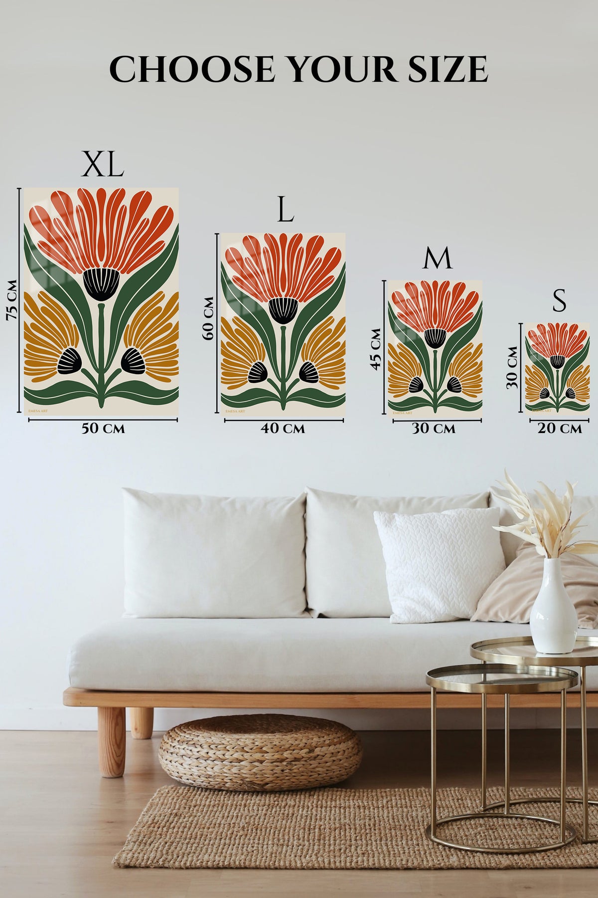EMESA metal wall art size comparison guide for Three Bloom Botanical