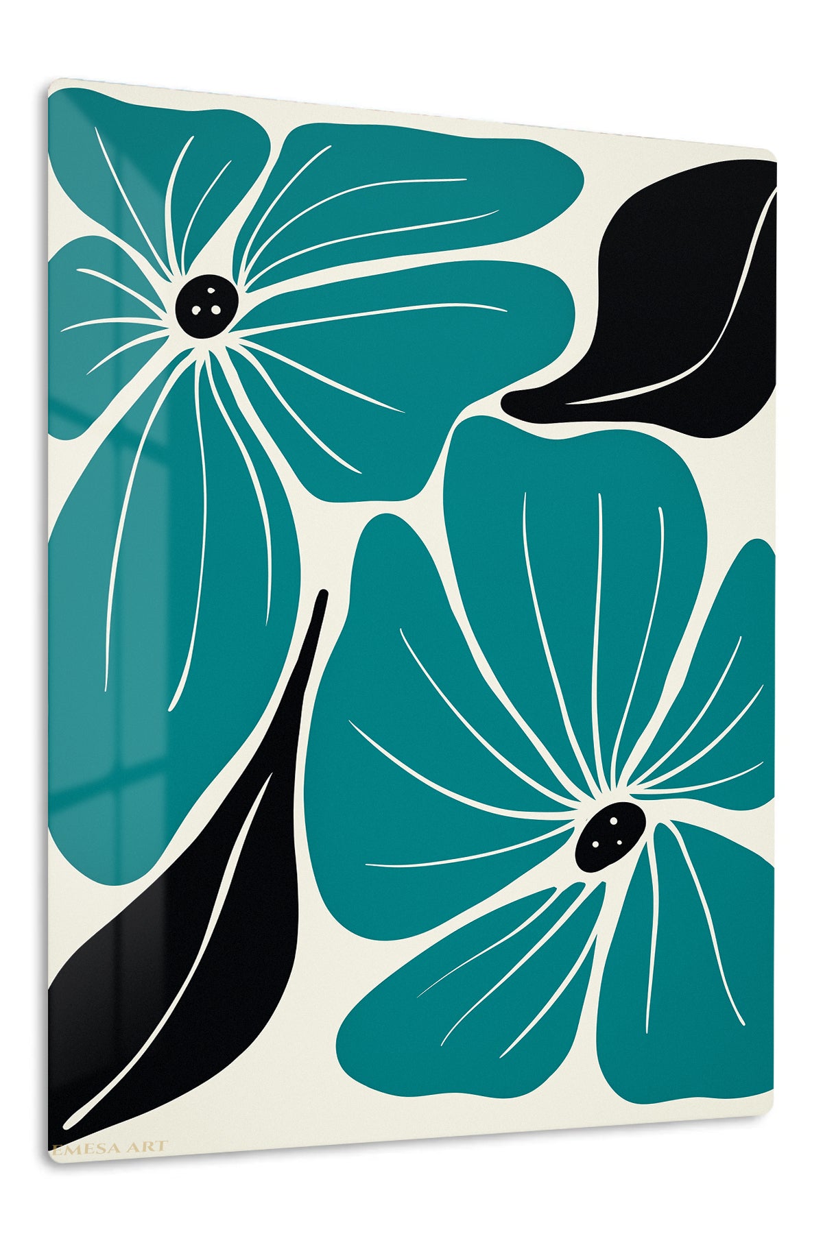 Teal Botanical Bloom premium metal wall art – front view