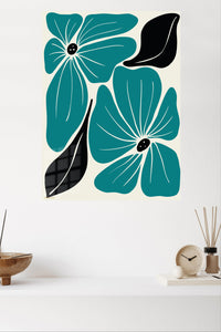 Teal Botanical Bloom metal wall art displayed in a modern interior