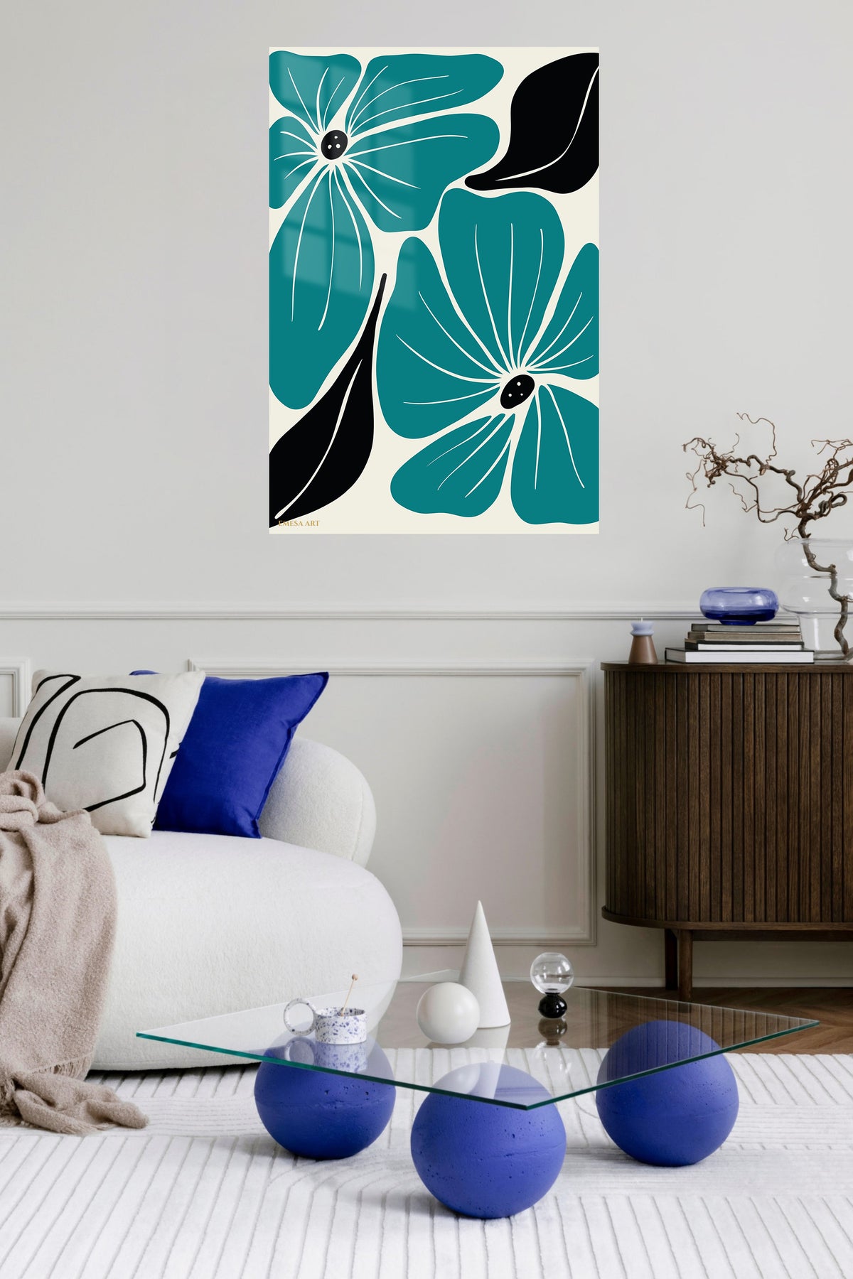 Teal Botanical Bloom metal wall art displayed in a contemporary living space