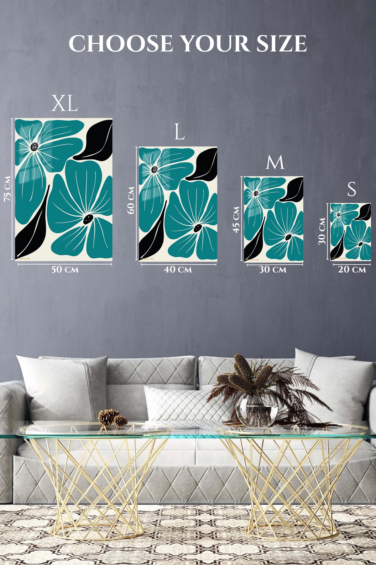 EMESA metal wall art size comparison guide for Teal Botanical Bloom