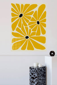 Mustard Daisy Trio metal wall art displayed in a modern interior