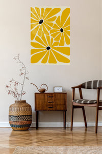 Mustard Daisy Trio metal wall art displayed in a contemporary living space