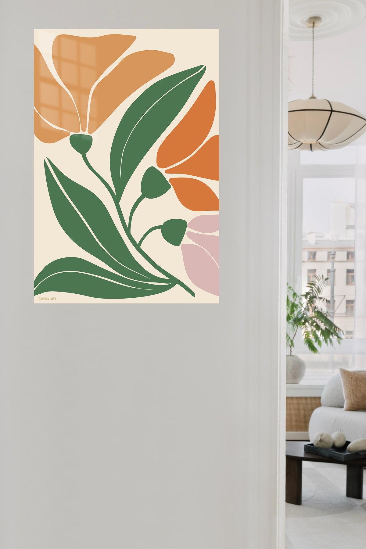 Terracotta Botanical Bloom metal wall art displayed in a contemporary living space