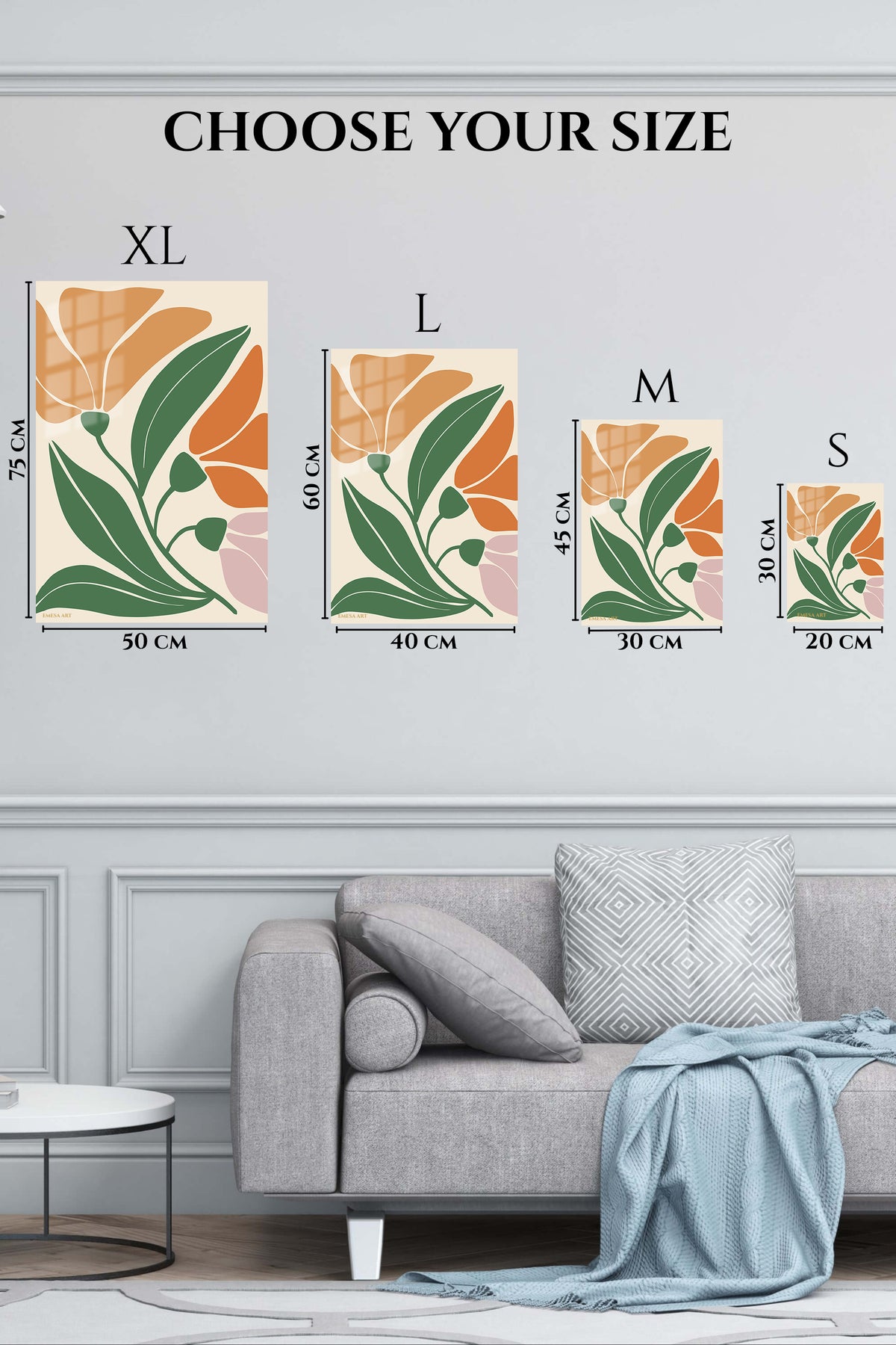 EMESA metal wall art size comparison guide for Terracotta Botanical Bloom