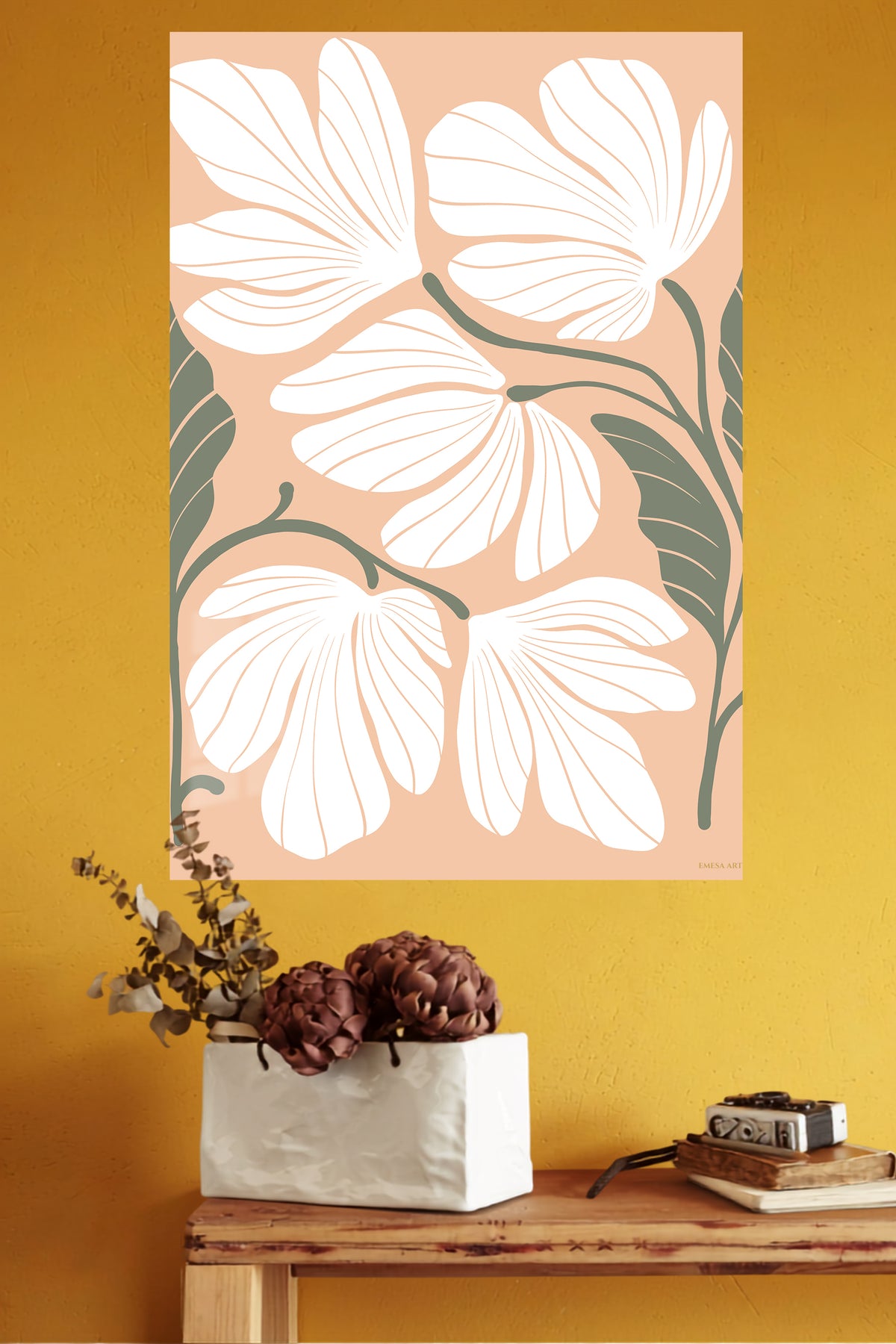 White Wildflowers on Peach metal wall art displayed in a modern interior