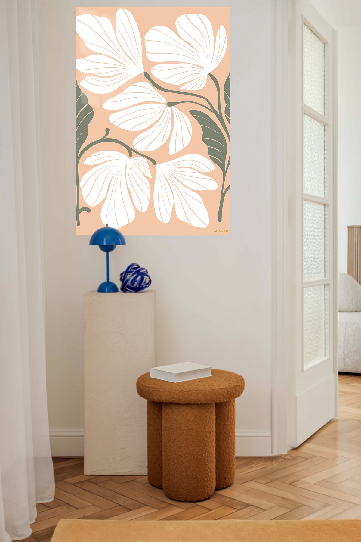 White Wildflowers on Peach metal wall art displayed in a contemporary living space