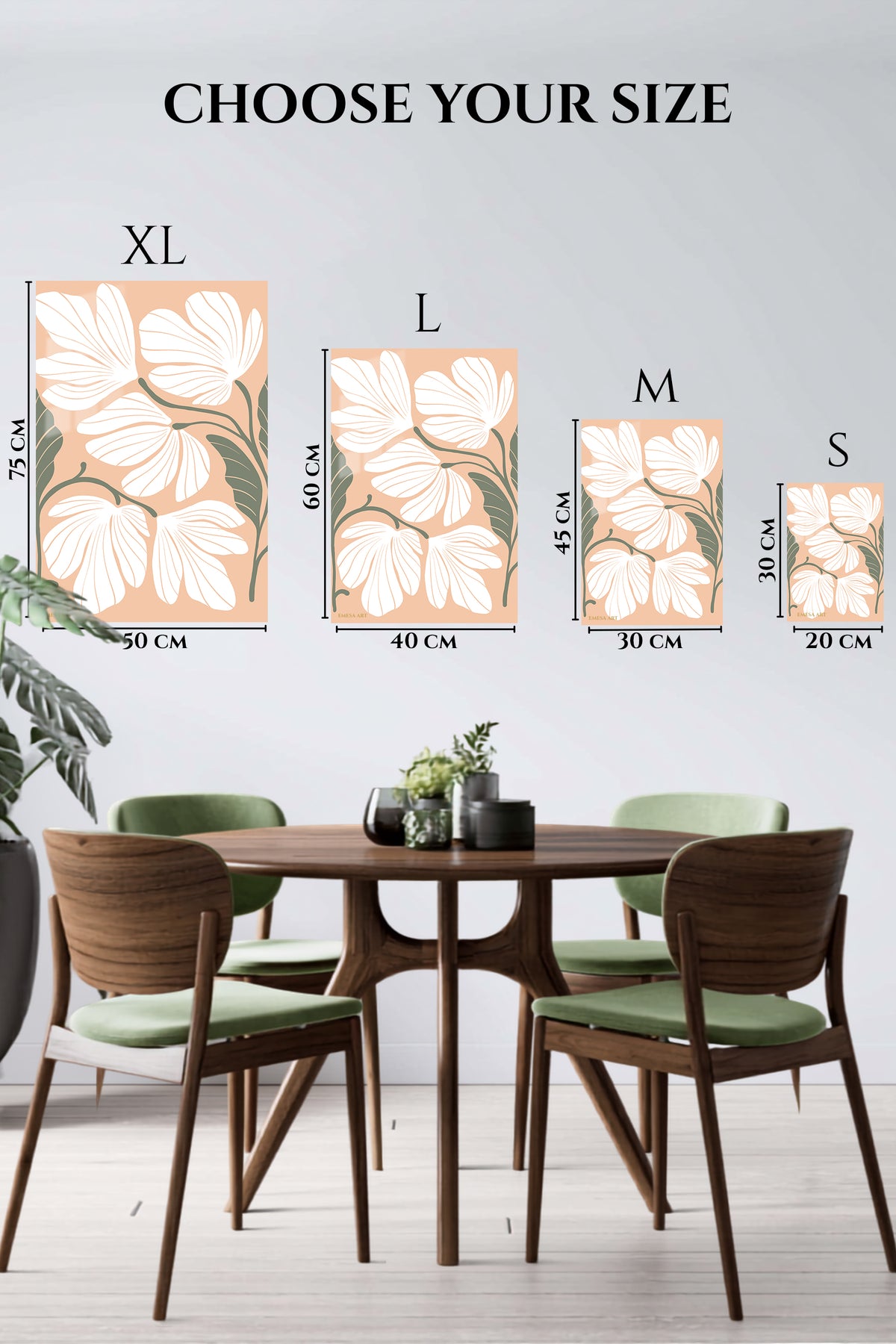 EMESA metal wall art size comparison guide for White Wildflowers on Peach