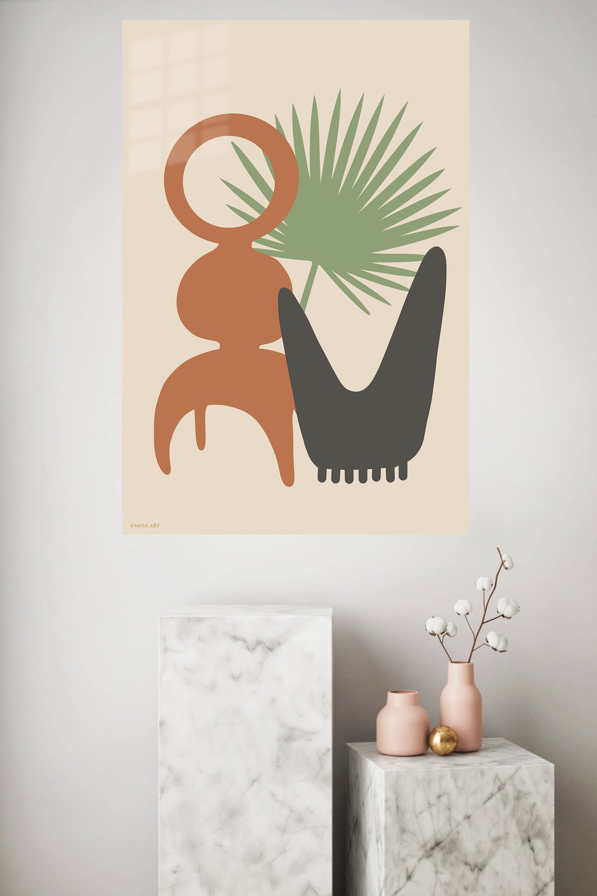 Palm and Abstract Forms metal wall art displayed in a modern interior