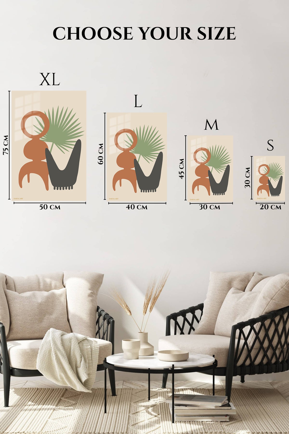 EMESA metal wall art size comparison guide for Palm and Abstract Forms