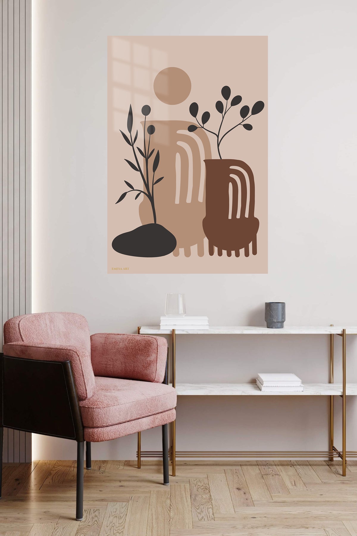 Earthy Botanical Archways metal wall art displayed in a contemporary living space