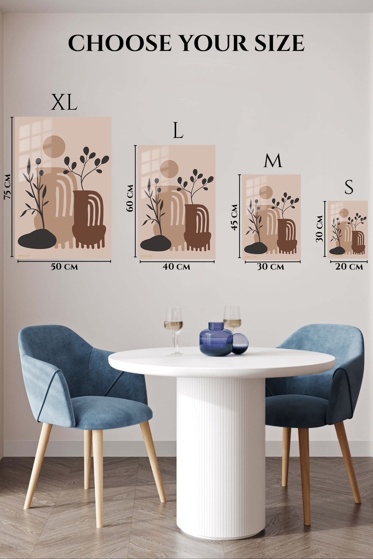 EMESA metal wall art size comparison guide for Earthy Botanical Archways