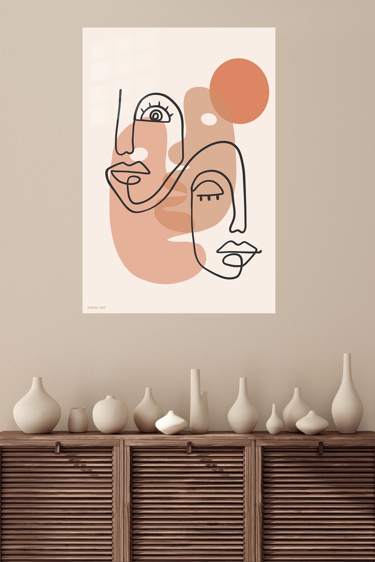 Terracotta Abstract Faces metal wall art displayed in a modern interior