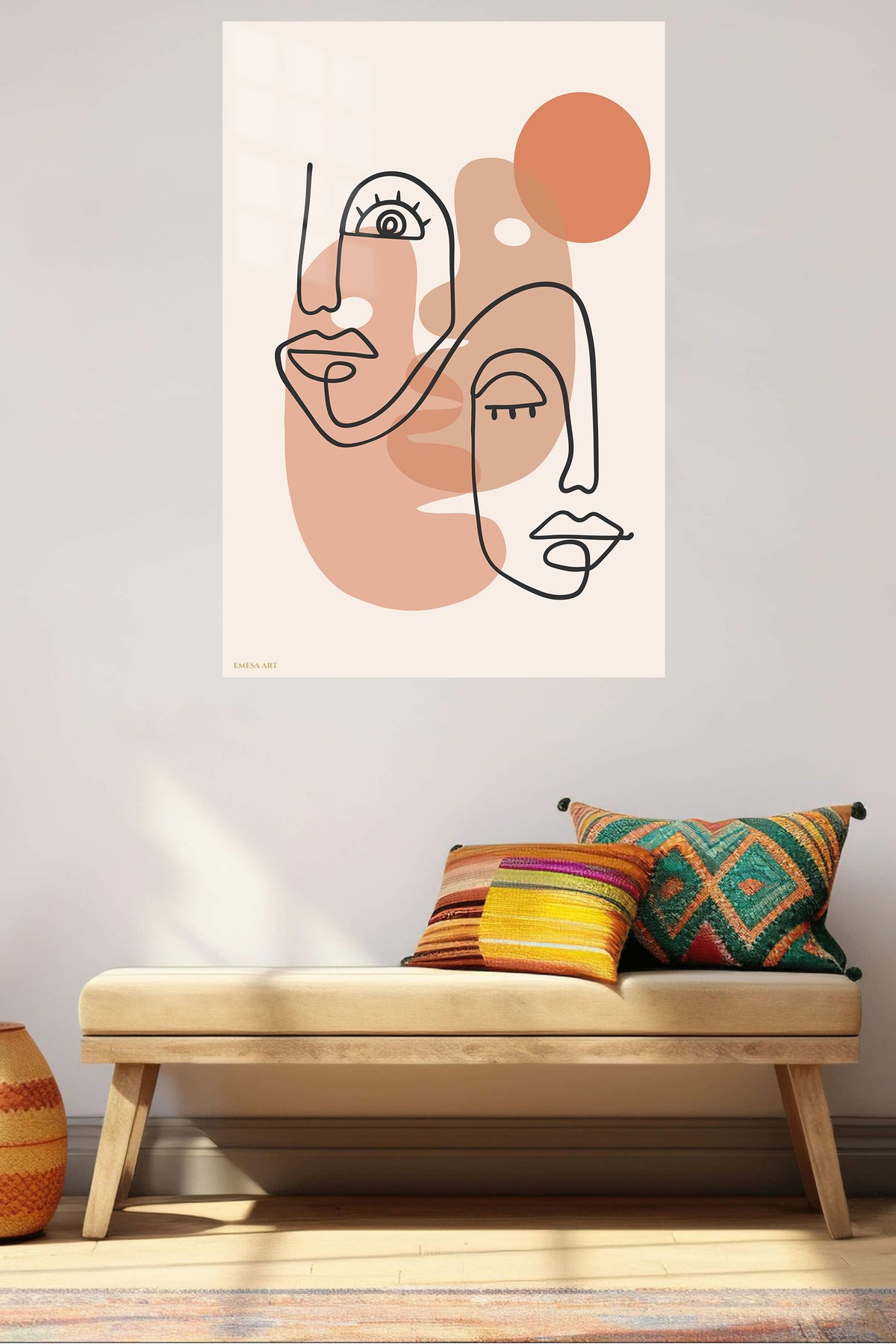 Terracotta Abstract Faces metal wall art displayed in a contemporary living space