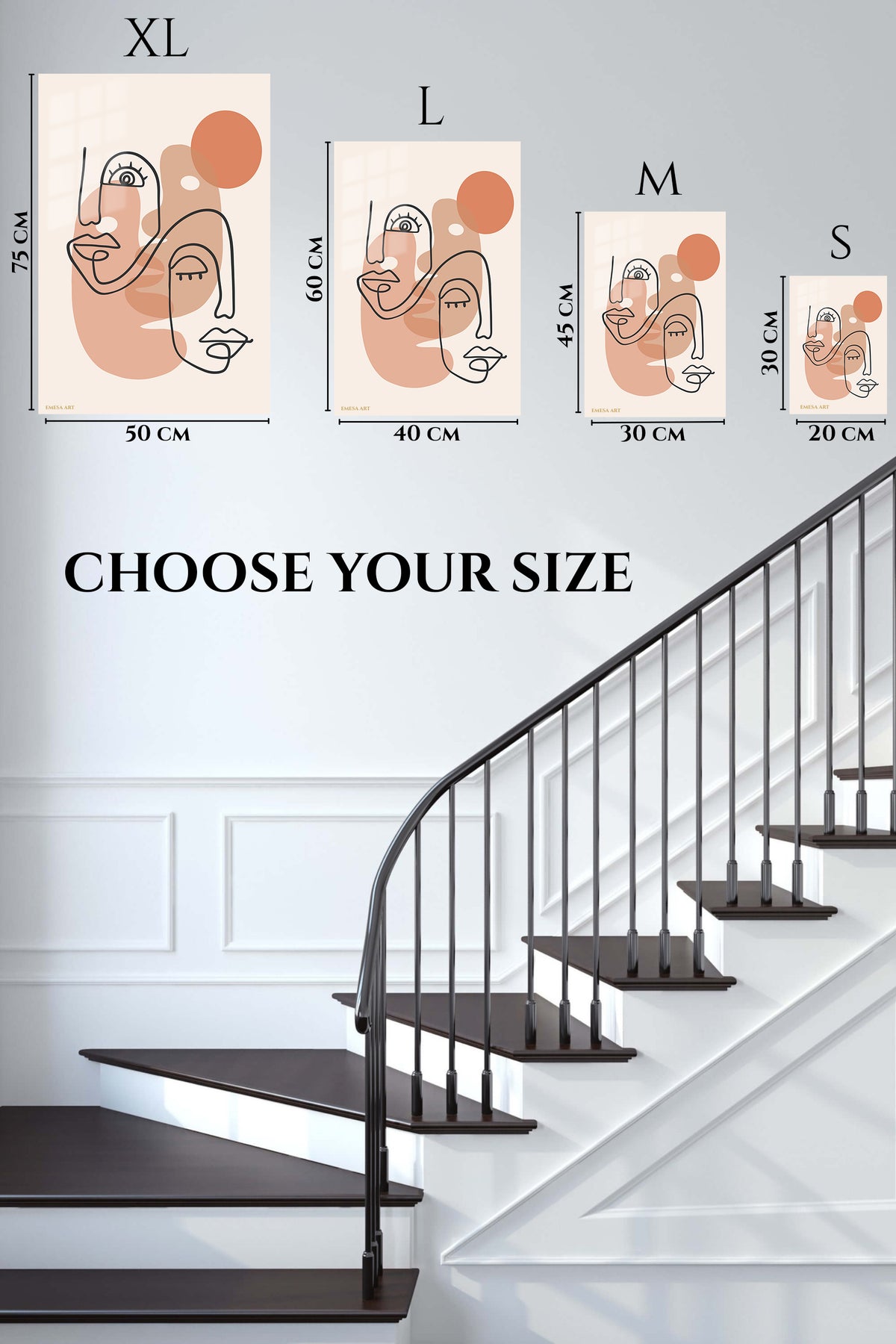EMESA metal wall art size comparison guide for Terracotta Abstract Faces