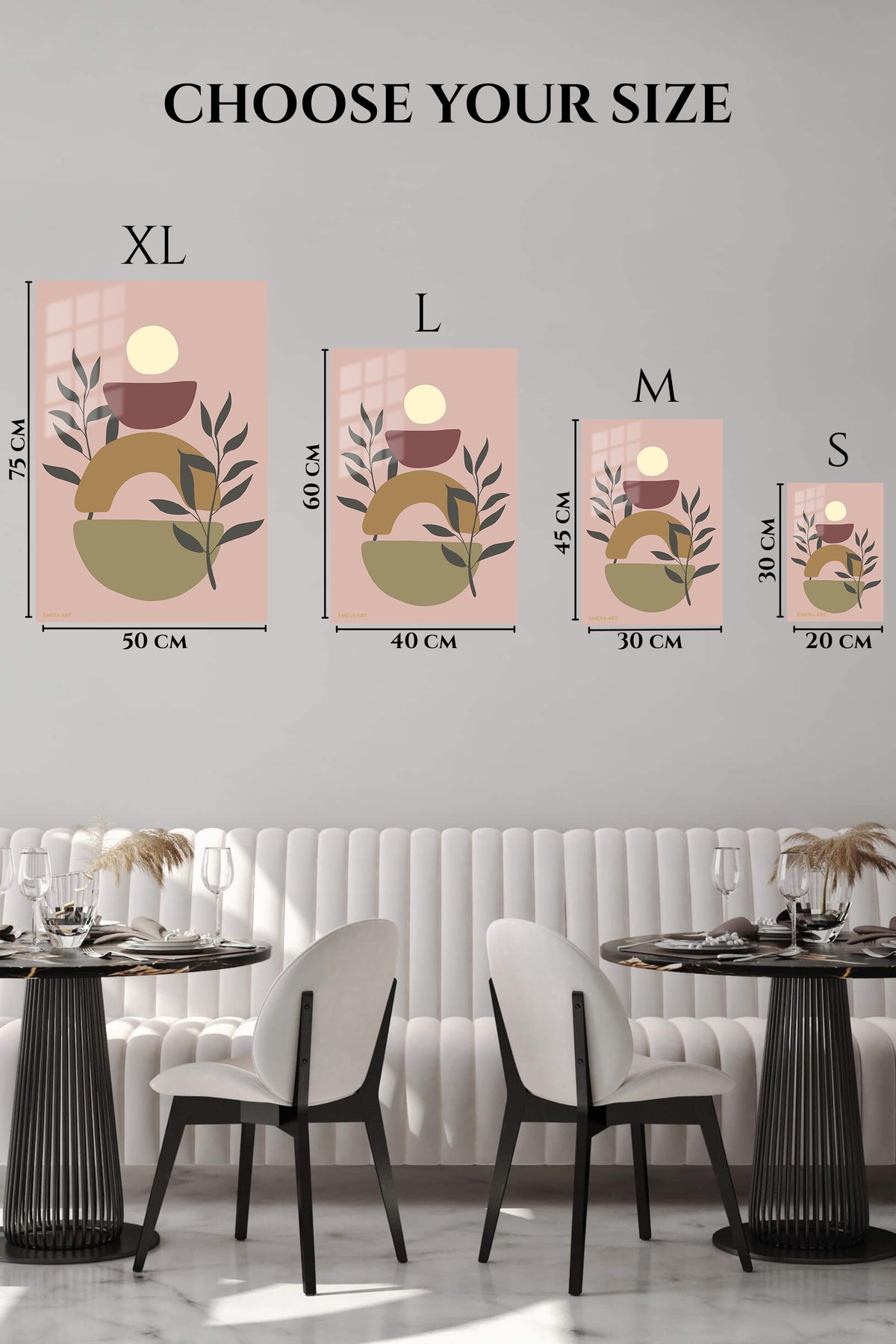 EMESA metal wall art size comparison guide for Botanical Sun Shapes