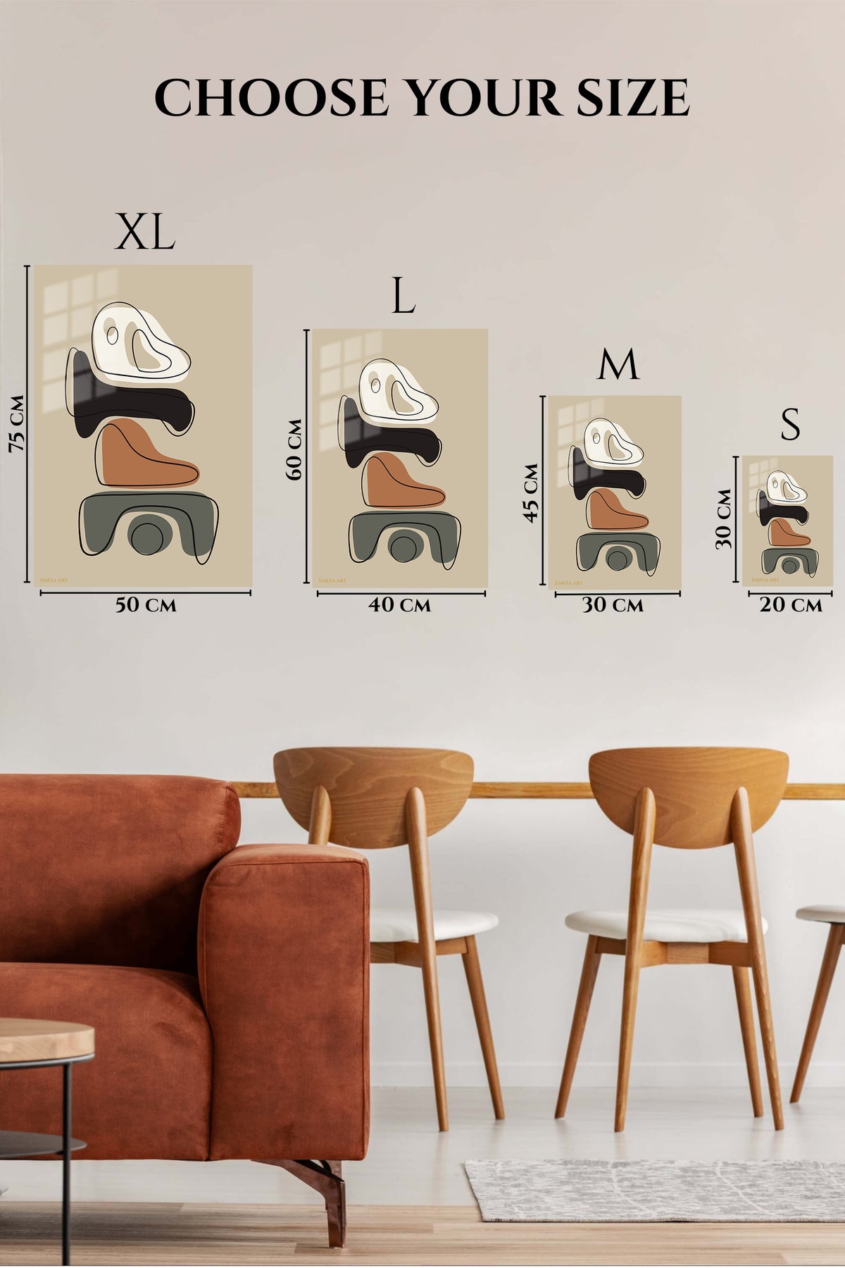 EMESA metal wall art size comparison guide for Earth Tone Abstract Balance