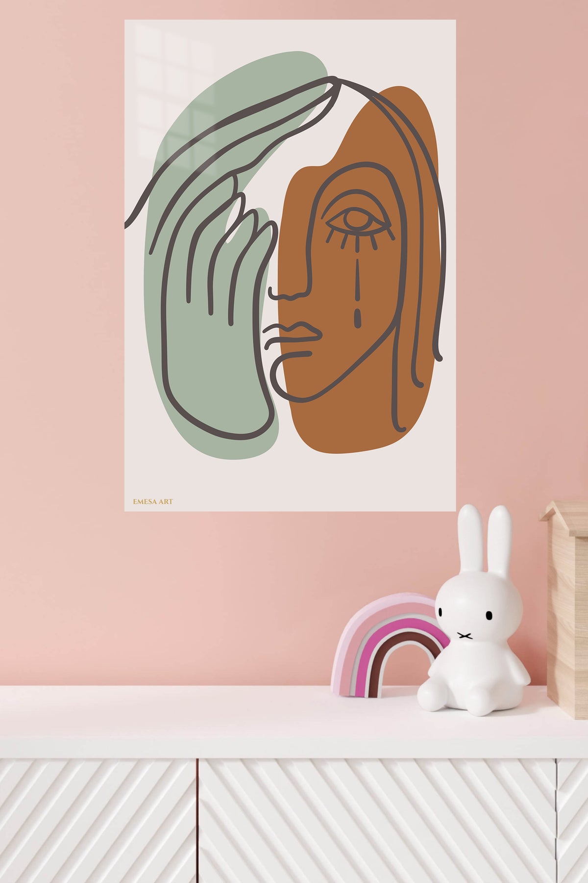 Earth Tone Abstract Face metal wall art displayed in a modern interior