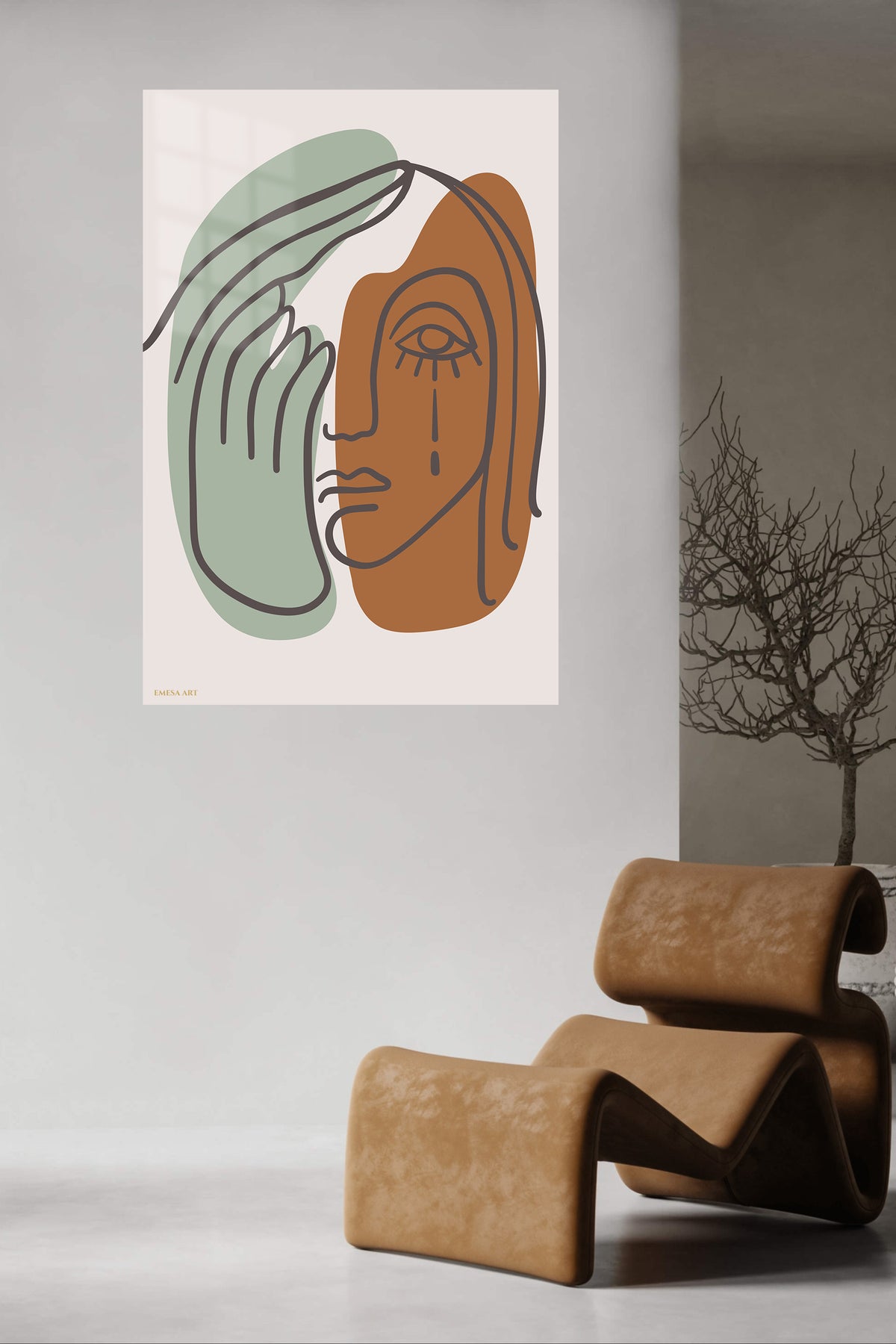 Earth Tone Abstract Face metal wall art displayed in a contemporary living space