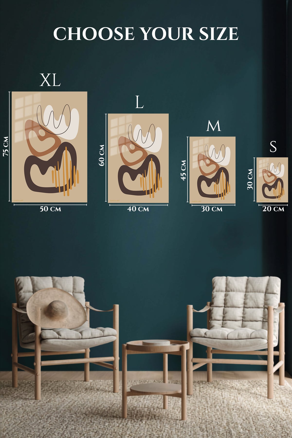 EMESA metal wall art size comparison guide for Earthy Abstract Flow