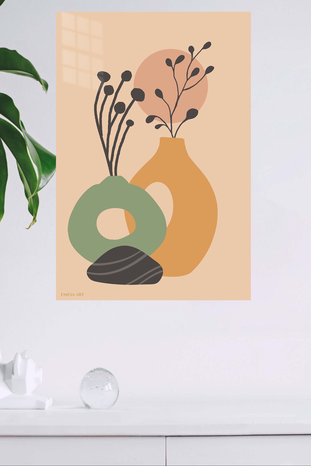 Earth Tone Botanical Vessels metal wall art displayed in a modern interior
