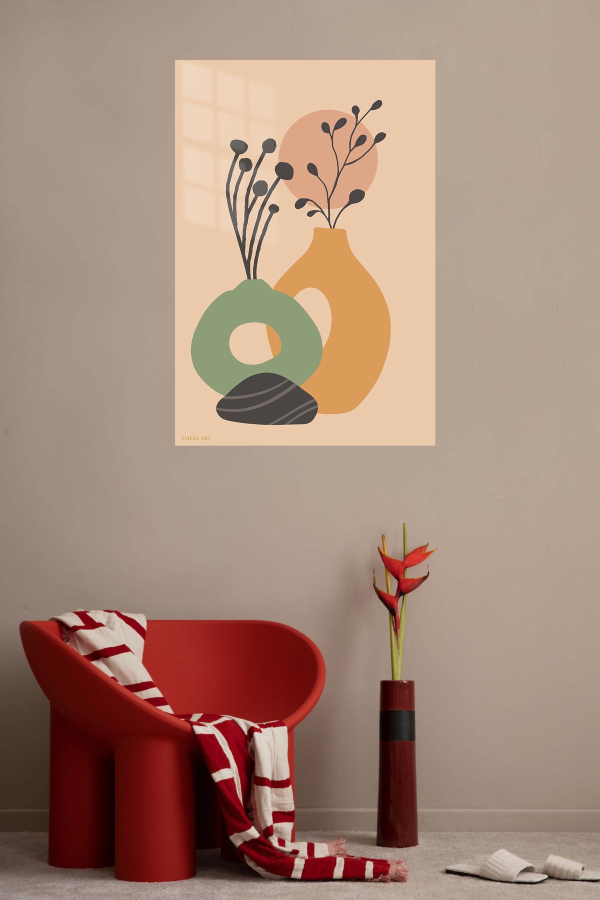 Earth Tone Botanical Vessels metal wall art displayed in a contemporary living space