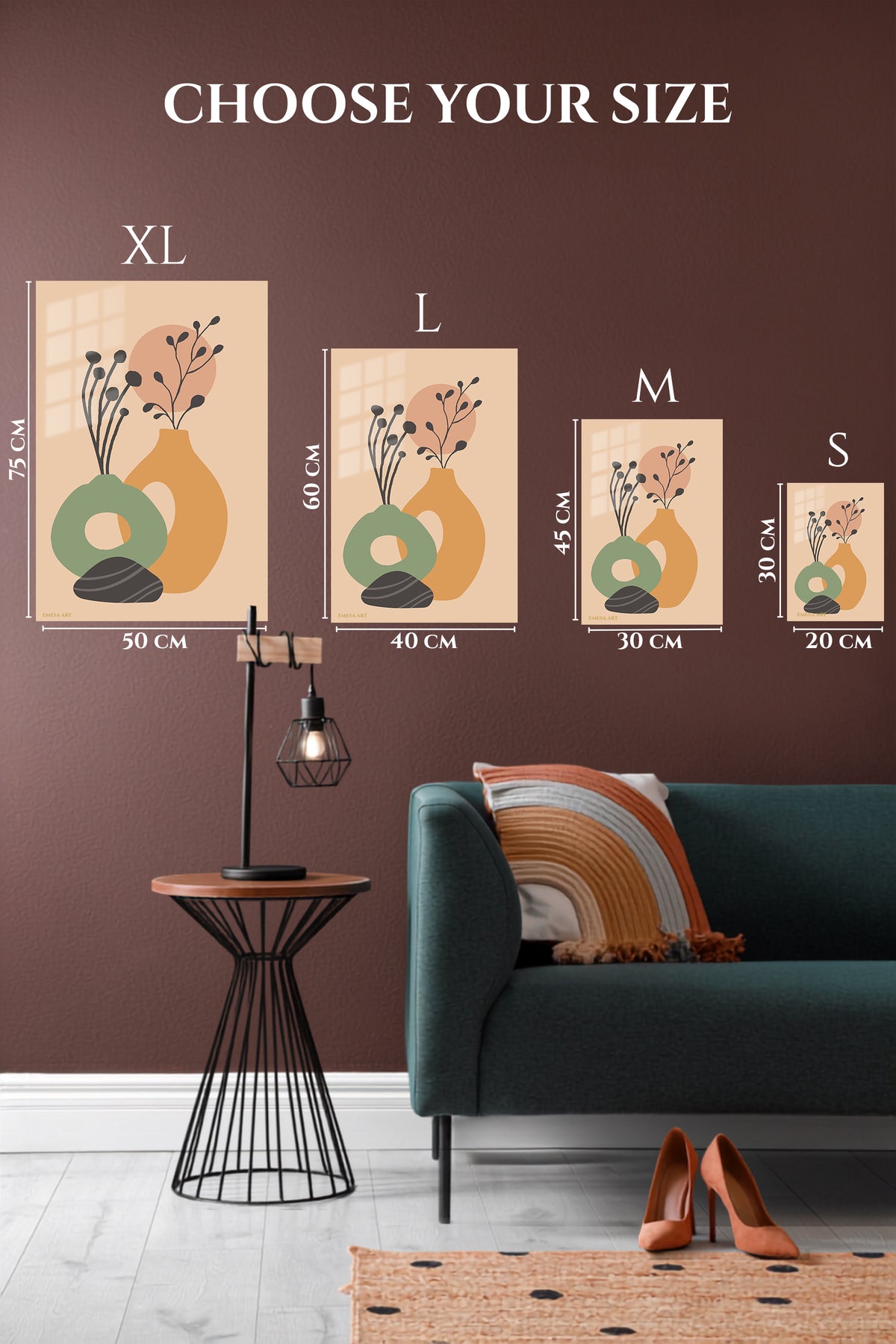 EMESA metal wall art size comparison guide for Earth Tone Botanical Vessels