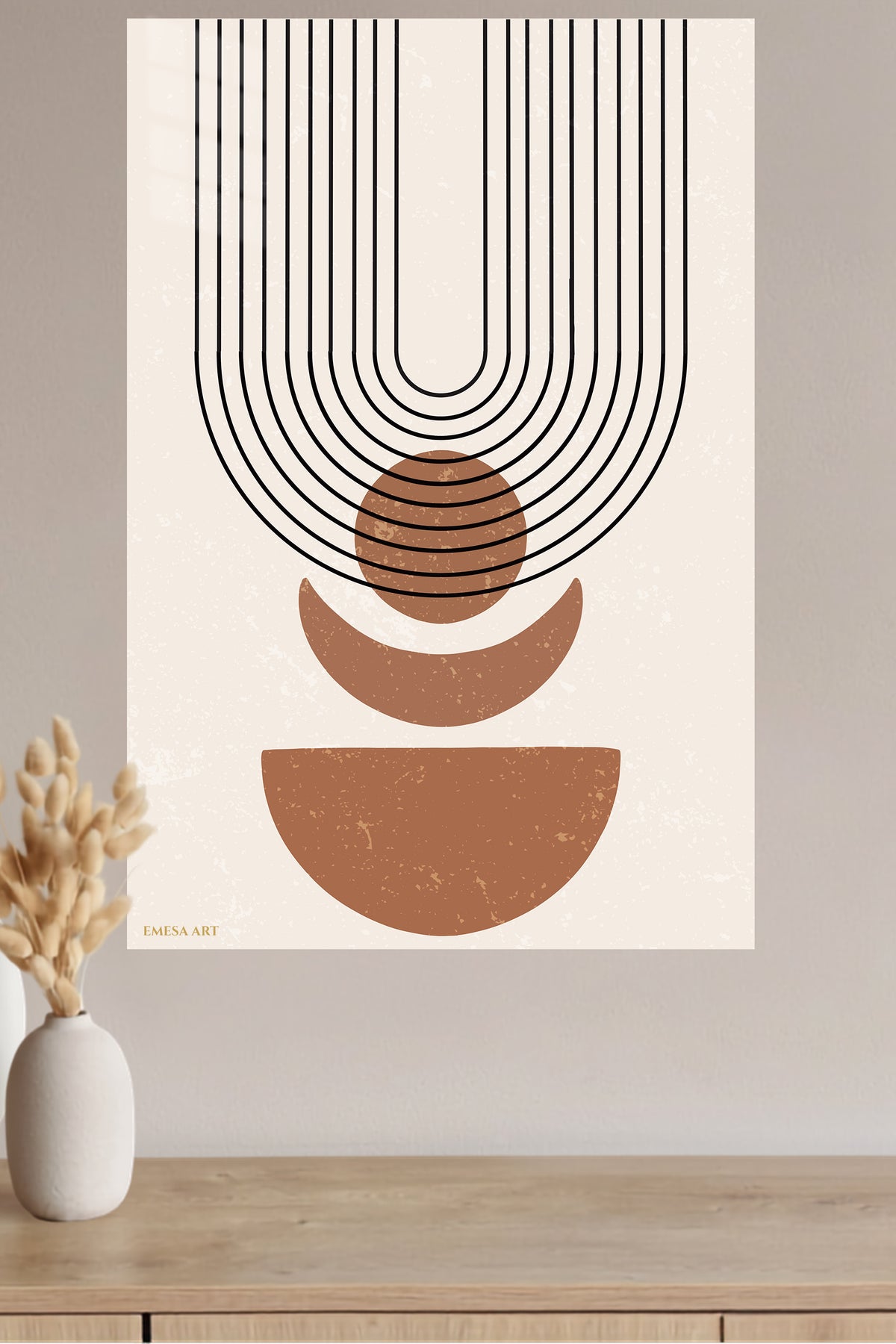 Terracotta Arc Balance metal wall art displayed in a modern interior
