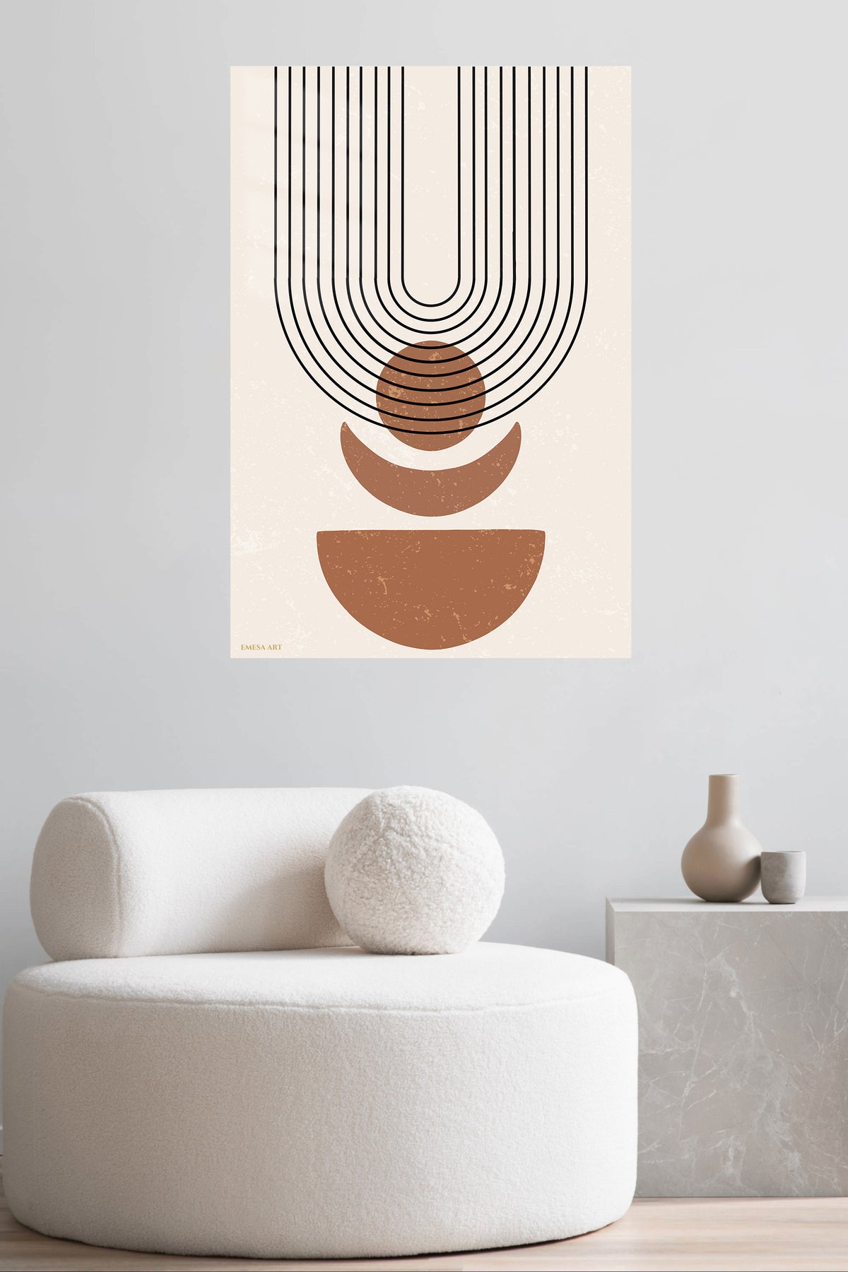 Terracotta Arc Balance metal wall art displayed in a contemporary living space