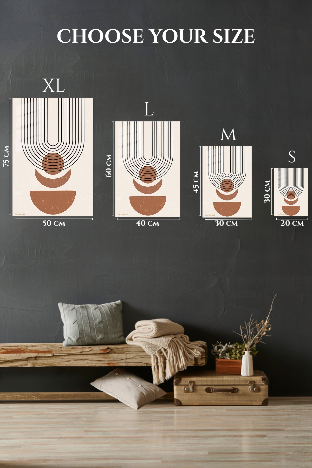 EMESA metal wall art size comparison guide for Terracotta Arc Balance