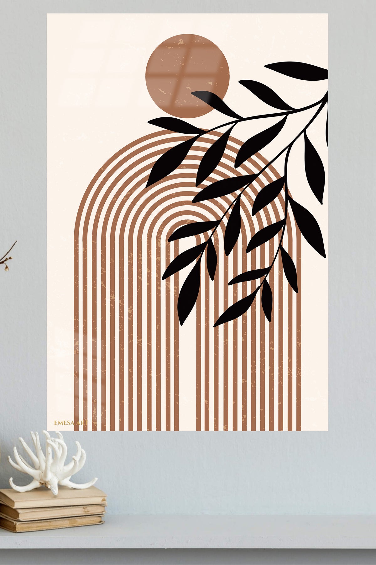 Terracotta Sun and Olive Branch metal wall art displayed in a modern interior