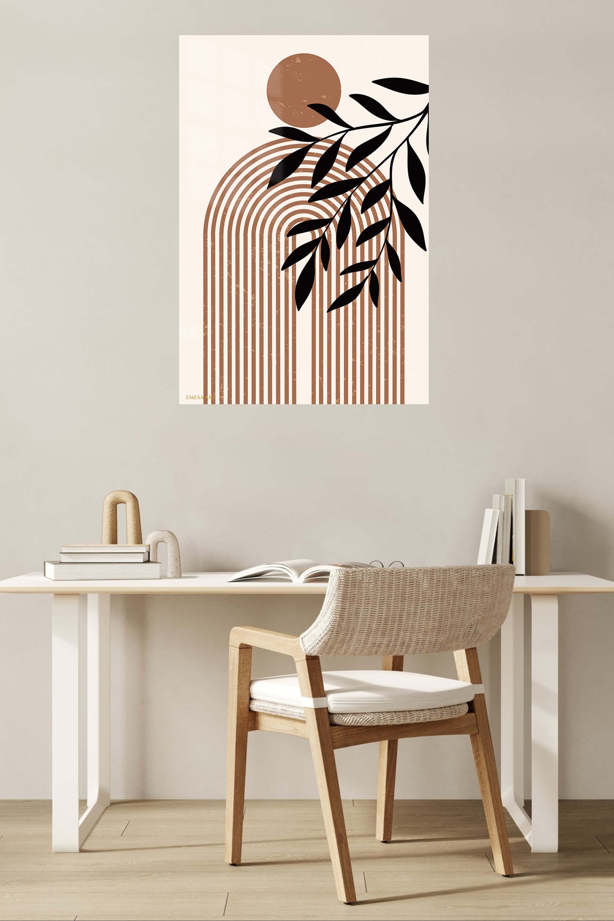Terracotta Sun and Olive Branch metal wall art displayed in a contemporary living space