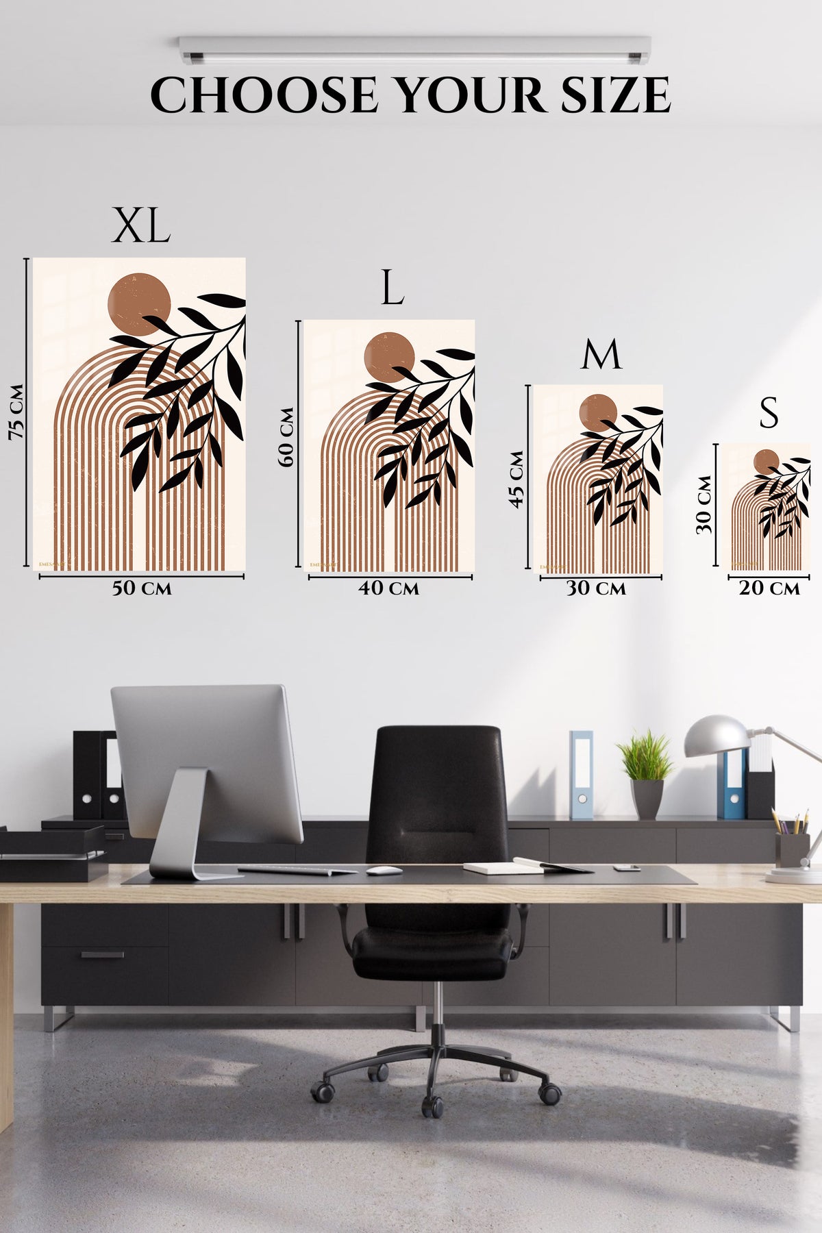 EMESA metal wall art size comparison guide for Terracotta Sun and Olive Branch