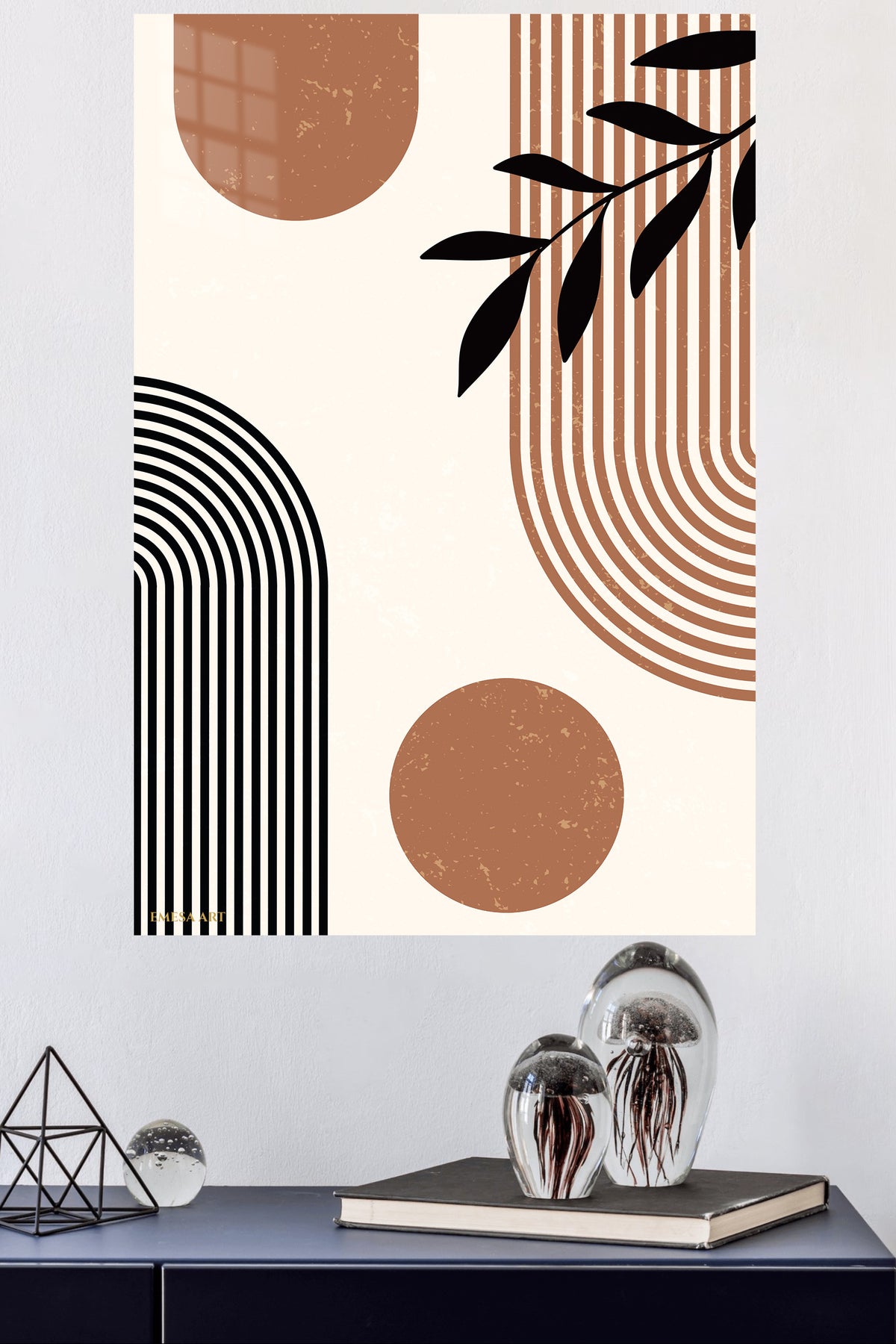Earthy Leaf and Arch Abstraction metal wall art displayed in a modern interior